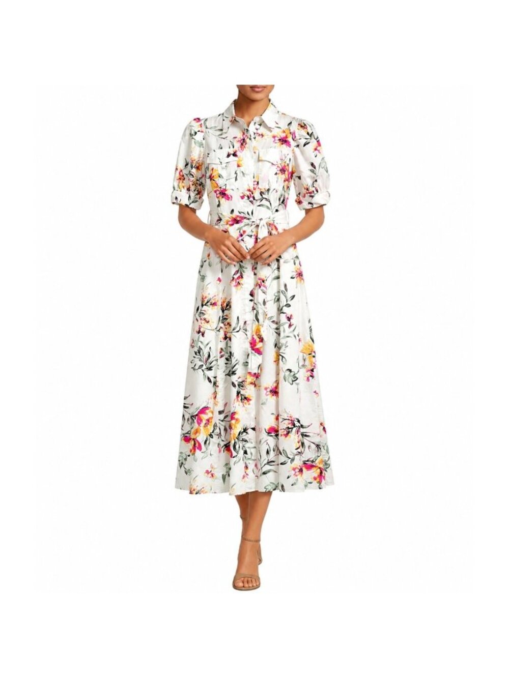 Calvin Klein - 2 Floral Midi Shirt Dress Cotton Belted Puff Sleeve Chest Pockets